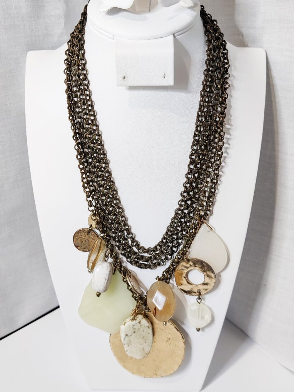 Multi-chain Necklace with Acrylic, Metal, Glass Drops
